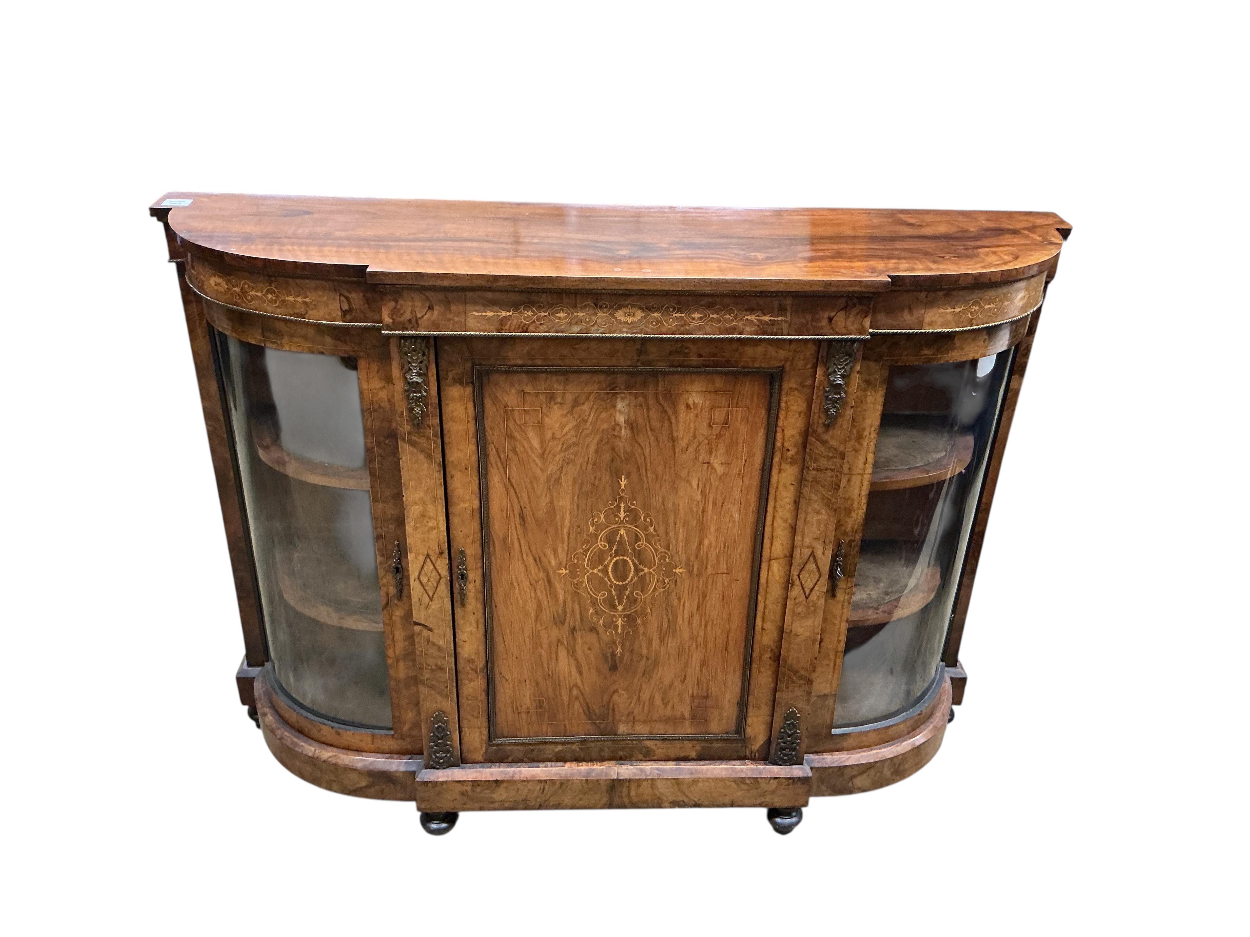 A Victorian gilt metal mounted inlaid walnut side cabinet, width 145cm, depth 37cm, height 106cm